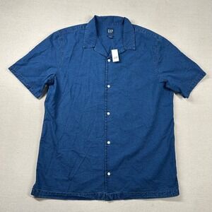Gap Shirt Mens L Seersucker Loop Collar Chambray Button Up Camp Navy Blue Beachy